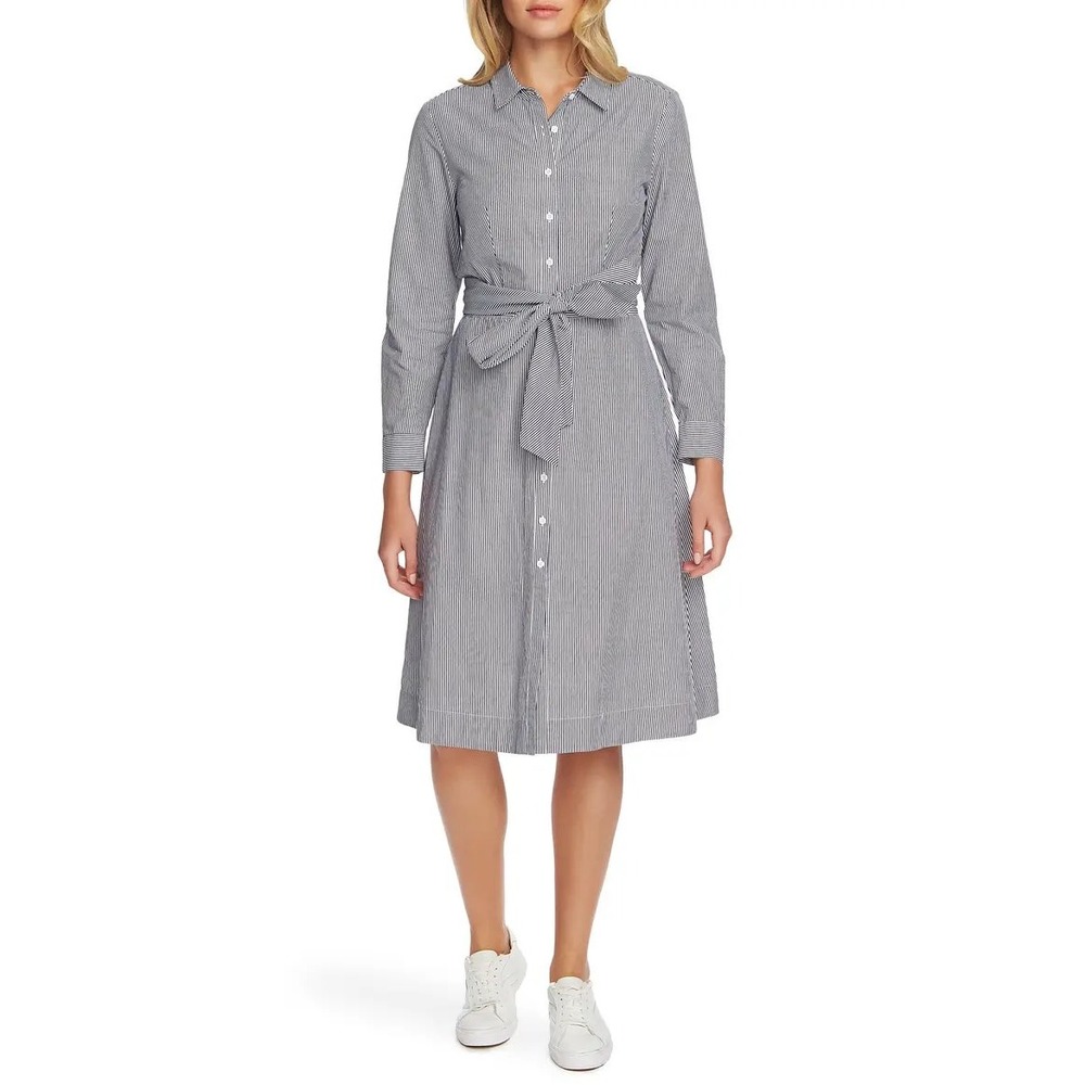 Court & Rowe Womens Pinstripe Tie Waist Long Sleeve Shirtdress Navy Blue White 0